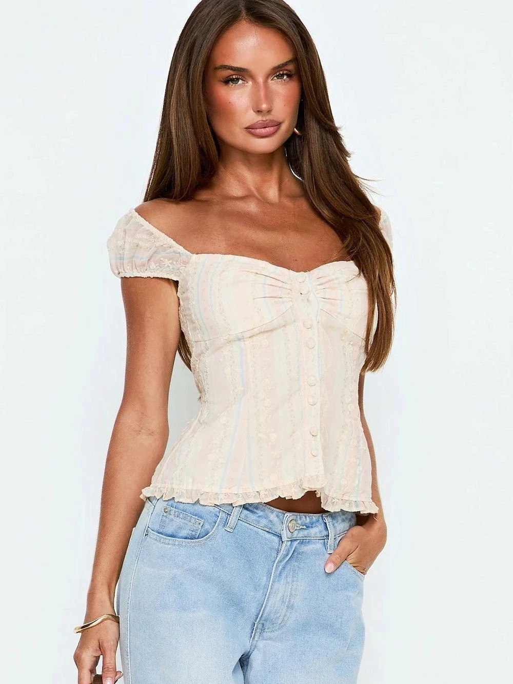 princess polly cream & pink top with floral embroidery NWT